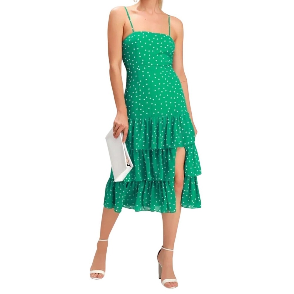 NWT Lulus‎ Nellie Green Polka Dot Ruffled Midi Dress M Square Neck Wedding Guest